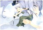  blush bow hairband katana konpaku_youmu leg_up long_hair looking_at_viewer mononobe_no_futo multiple_girls non-web_source open_clothes open_mouth open_vest ponytail profile projected_inset puffy_sleeves scan scan_artifacts short_hair short_sleeves silver_eyes silver_hair skirt skirt_set smile sword touhou ueda_ryou vest weapon 