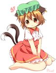  :&lt; animal_ears barefoot brown_eyes brown_hair cat_ears cat_tail chen full_body green_hat hat jewelry mob_cap multiple_tails nekomata pila-pela short_hair short_sleeves simple_background single_earring sitting solo tail touhou two_tails v_arms wariza white_background 