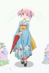  closed_umbrella flower full_body geta highres hydrangea japanese_clothes kaname_madoka kimono kinfuji mahou_shoujo_madoka_magica pink_eyes pink_hair rainbow short_hair solo twintails umbrella 