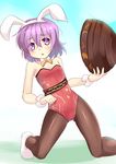  adapted_costume animal_ears bare_arms bare_shoulders blush bowl brown_legwear bunny_ears bunny_girl bunnysuit detached_collar hat hat_removed headwear_removed kneeling leotard niiya open_mouth pantyhose purple_eyes purple_hair red_leotard solo sukuna_shinmyoumaru touhou wrist_cuffs 