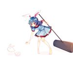  animal animal_ears bad_id bad_twitter_id barefoot bent_over blue_dress blue_hair bunny bunny_ears dress flying_sweatdrops full_body hammer kine long_hair looking_down low_twintails mallet nr_(cmnrr) open_mouth pink_eyes puffy_sleeves seiran_(touhou) short_sleeves simple_background solo touhou twintails white_background 