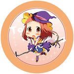  :o between_legs blush boots brown_eyes chibi copyright_name dress gloves harumi_kajika hat microphone microphone_stand minami_(colorful_palette) purple_gloves red_hair round_image solo standing standing_on_one_leg tokyo_7th_sisters witch witch_hat 