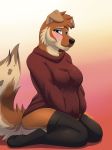  2018 absurd_res anthro big_breasts blush breasts brown_fur canine clothing collie dog female floppy_ears fur hi_res legwear looking_at_viewer mammal may825 nathalie shy simple_background sitting slightly_chubby smile solo stockings sweater tan_fur thigh_highs 