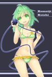  aura bad_id bad_pixiv_id bikini blue_background breasts character_name collarbone creepy_eyes eyelashes fingernails green_eyes green_hair grip head_tilt heart heart-shaped_pupils highres komeiji_koishi long_hair looking_at_viewer medium_breasts nail_polish navel open_mouth shiny shiny_skin swimsuit sy12kj symbol-shaped_pupils tearing_up teeth third_eye tongue touhou white_nails wide-eyed 