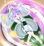  &gt;:) alternate_costume armpits arms_up barefoot blush detached_sleeves feet fish flower gplnbeat holding_needle japanese_clothes kimono knees_together_feet_apart leaf_bikini legs lying needle on_back purple_eyes purple_hair see-through short_hair smile solo sukuna_shinmyoumaru swordfish touhou v-shaped_eyebrows 