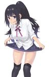  :q black_hair black_legwear blue_eyes breasts large_breasts leaning_forward long_hair musashimaru original pleated_skirt ponytail school_uniform simple_background skirt skirt_lift solo thighhighs tongue tongue_out white_background 