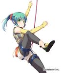  absurdres carabiner cinderella_nine cinderella_series detached_sleeves fingerless_gloves gloves gomano_rio green_eyes green_hair harness highres leggings looking_at_viewer ponytail rock_climbing rope solo 