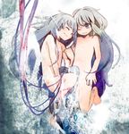  air_bubble arm_hug bubble commentary_request flat_chest grey_hair happy long_hair multiple_girls no_nipples nude one_eye_closed original sakata_kaname smile very_long_hair wire 