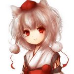  amanojaku animal_ears detached_sleeves eyelashes hat highres inubashiri_momiji kourindou_tengu_costume looking_at_viewer pom_pom_(clothes) red_eyes short_hair simple_background smile solo tokin_hat touhou white_background white_hair wolf_ears 