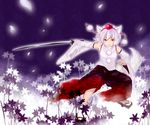  animal_ears bogyaku_no_m breasts detached_sleeves field flower flower_field full_body geta hat inubashiri_momiji katana looking_at_viewer outstretched_arm pants petals pom_pom_(clothes) red_eyes short_hair silver_hair small_breasts smile solo sword tabi tail tengu-geta tokin_hat touhou turtleneck weapon wolf_ears wolf_tail 