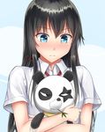  black_hair blue_eyes blush hair_ribbon highres holding long_hair panda primamiya ribbon school_uniform solo stuffed_animal stuffed_panda stuffed_toy yahari_ore_no_seishun_lovecome_wa_machigatteiru. yukinoshita_yukino 