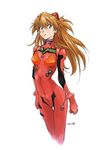  2015 :p bangs blue_eyes blush bodysuit bracer breasts clenched_hands cowboy_shot cropped_legs dated from_side gloves hair_between_eyes headgear highres kakubayashi_tsuyoshi long_hair looking_at_viewer neon_genesis_evangelion number orange_hair pilot_suit plugsuit simple_background skinny slender_waist slim_legs small_breasts solo souryuu_asuka_langley thigh_gap tongue tongue_out turtleneck two_side_up white_background 