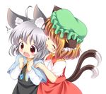  2girls ^_^ absurdres animal_ears blush brown_hair cat_ears cat_tail chen closed_eyes green_hat grey_hair hat highres jewelry long_sleeves mob_cap mouse_ears multiple_girls multiple_tails nazrin nekomata open_mouth pendant pila-pela short_hair short_sleeves simple_background single_earring sweat tail tongue tongue_out touhou two_tails wavy_mouth white_background 