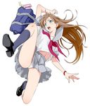  9aki aqua_eyes bag brown_hair commentary_request jumping kicking long_hair panties pantyshot pleated_skirt school_bag school_uniform serafuku skirt solo star underwear white_background white_panties 