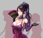  bare_shoulders breasts butterfly_hair_ornament cleavage different_shadow dress earrings elbow_gloves fan folding_fan gloves hair_ornament jewelry kuroi large_breasts lipstick long_hair makeup michele_malebranche nein_(album) ponytail purple_dress red_eyes smile sound_horizon 