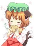  :3 ^_^ animal_ears brown_hair cat_ears cat_tail chen closed_eyes eating eighth_note food food_in_mouth green_hat hat jewelry long_sleeves mob_cap multiple_tails musical_note nekomata pila-pela short_hair simple_background single_earring solo tail taiyaki touhou two_tails wagashi white_background 