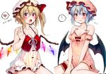  ? babydoll bad_id bad_pixiv_id bare_arms bare_shoulders bat_wings blonde_hair blue_hair blush breasts cleavage collarbone covered_navel fang flandre_scarlet hat hat_ribbon heart leg_garter mob_cap multiple_girls one_side_up open_mouth pointy_ears red_eyes remilia_scarlet ribbon shirako_sei siblings sisters sitting small_breasts spoken_heart spoken_question_mark touhou wariza wavy_mouth wings 