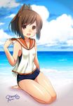  arai_cherry artist_name bare_shoulders barefoot beach brown_eyes brown_hair collarbone day hair_ornament i-401_(kantai_collection) kantai_collection lens_flare looking_at_viewer open_mouth outdoors ponytail sailor_collar sand school_swimsuit seiza short_hair sitting sleeveless smile solo swimsuit swimsuit_under_clothes 