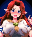  blue_eyes blush breast_grab breasts covered_nipples cremia grabbing highres large_breasts long_hair open_mouth pointy_ears red_hair solo_focus the_legend_of_zelda the_legend_of_zelda:_majora's_mask upper_body watarui 