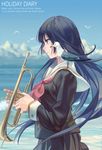  bird black_hair hibike!_euphonium highres instrument kousaka_reina long_hair neckerchief norizc ocean profile purple_eyes red_neckwear scenery school_uniform seagull solo trumpet 