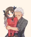  1girl :c archer bad_id bad_pixiv_id black_hair blue_eyes blush closed_eyes fate/stay_night fate_(series) hair_ribbon hug hug_from_behind ribbon shinoba shirt silver_hair skirt sweat toosaka_rin 