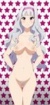  arms_behind_back blush breasts female gradient gradient_background hair_ornament hairband idolmaster long_hair navel nipples nude pink_eyes pubic_hair pussy shijou_takane signature silver_hair smile solo starry_background uncensored vzmk2 