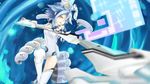  aiming aiming_at_viewer axe bangs blue_hair blurry breasts covered_navel depth_of_field fighting_stance flipped_hair floating floating_object foreshortening gloves gradient hair_between_eyes highres holding holding_weapon leg_lift leotard looking_at_viewer neptune_(series) open_mouth red_eyes shionji_ax short_hair_with_long_locks sidelocks small_breasts solo thighhighs turtleneck weapon white_heart white_legwear wings 