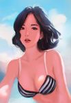  backlighting bikini black_hair blue_sky breasts brown_eyes cleavage cloud collarbone day lips looking_at_viewer medium_breasts nguyen_uy_vu original outdoors parted_lips photorealistic signature sky solo striped striped_bikini swimsuit upper_body 