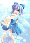  barefoot blue_dress blue_eyes blue_hair bow cirno dress hair_bow ice ice_wings niiya open_mouth outstretched_arm puffy_short_sleeves puffy_sleeves shirt short_sleeves smile solo touhou wings 