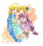  1girl bianca's_daughter bianca's_son blonde_hair blue_eyes blush boots bow cape closed_eyes colored_pencil_(medium) commentary dancing dragon_quest dragon_quest_v gloves hair_bow happy holding_hands nib_pen_(medium) short_hair short_ponytail siblings simple_background sketch smile traditional_media twins watercolor_(medium) zunko 