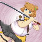  big_belly blue_eyes bracelet breasts brown_hair determined fat flower-shaped_pupils hair_bobbles hair_ornament hasebe_shikiri highres jewelry katana large_breasts pleated_skirt purple_background school_uniform shinken!! short_hair skirt sword thigh_strap two_side_up uhihyau weapon wristband 