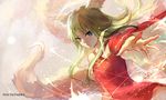  animal_ears blonde_hair blue_eyes dress fox_ears fox_tail highres long_hair long_sleeves looking_at_viewer multiple_tails outstretched_arm pixiv_fantasia pixiv_fantasia_t red_dress sishenfan solo tail wide_sleeves wind 