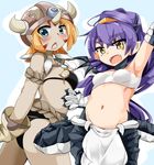  :&lt; :d arm_up armpits bare_shoulders blush breasts chestnut_mouth claws commentary_request dark_skin dragon_girl dragon_pup dragon_tail fangs gloves goblin_(mon-musu_quest!) helmet horned_helmet horns karatakewari looking_at_viewer midriff mon-musu_quest! monster_girl multiple_girls navel open_mouth orange_hair paws pointy_ears purple_hair scales simple_background small_breasts smile tail yellow_eyes 