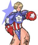  america aqua_eyes bangs blonde_hair body_writing boxing_gloves breasts clothes_writing commentary_request contrapposto cowboy_shot earrings hand_on_hip highleg highleg_leotard highres huge_breasts jewelry leotard light_smile looking_at_viewer nameo_(judgemasterkou) number original outstretched_arm pasties puffy_sleeves short_hair simple_background sketch skin_tight smile solo standing star star_earrings star_pasties star_print striped turtleneck vertical_stripes white_background 