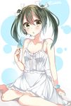  alternate_costume bad_id bad_pixiv_id dress green_eyes green_hair kantai_collection long_hair mipe_(r_kkk12) scrunchie solo sundress twintails wrist_scrunchie zuikaku_(kantai_collection) 