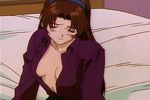  1girl animated animated_gif bare_legs bed breasts brown_eyes brown_hair golden_boy headband katsuda_naoko legs long_hair nipple_slip nipples no_bra open_clothes open_shirt screencap seducing shirt sitting skirt straight_hair teenage thighs 