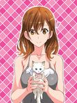  animal bangs bare_arms blue_eyes brown_eyes brown_hair cat fingernails hair_between_eyes heart highres holding holding_animal long_hair looking_at_viewer original outline pink_background shiny shiny_hair shiny_skin smile solo standing suzutsuki_kurara upper_body white_fur 