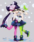  2girls ;d aori_(splatoon) black_hair cousins detached_collar domino_mask dress earrings fangs food food_on_head gloves green_legwear hotaru_(splatoon) jewelry leg_up long_hair mask mole mole_under_eye multiple_girls object_on_head one_eye_closed open_mouth orange_eyes pantyhose pointy_ears purple_legwear rui_(veranda) short_hair short_jumpsuit smile splatoon_(series) splatoon_1 strapless strapless_dress white_gloves 