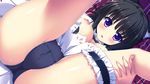  1girl ameto_yuki areolae ass black_hair black_panties blush breasts breasts_outside cameltoe female game_cg highres ichinose_sora large_breasts legs legs_up long_hair looking_at_viewer lying nipples no_bra on_back panties pure_x_connect purple_eyes solo thighs underwear 