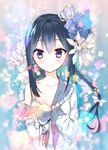  black_hair blush bra braid brown_eyes collarbone commentary_request flower hair_flower hair_ornament long_hair off_shoulder original school_uniform serafuku single_braid smile solo underwear yadapot 