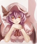  ascot bat_wings dress eredhen gendou_pose hands_clasped hat hat_ribbon looking_at_viewer mob_cap own_hands_together pink_dress puffy_sleeves purple_hair red_eyes remilia_scarlet ribbon smile solo touhou upper_body wings 