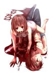  1girl absurdres barefoot blood blood_splatter brother_and_sister brown_hair cannibalism dress flower guro hair_flower hair_ornament hairclip hasegawa_utsutsu hasegawa_yume highres pupa sakiryo_kanna scar scar_across_eye short_hair siblings 