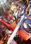  battle blonde_hair blue_eyes brown_hair capelet clash commentary crossed_swords duel fingerless_gloves gloves grin guilty_gear guilty_gear_xrd hair_ribbon headband ky_kiske long_hair male_focus multiple_boys ponytail reverse_grip ribbon smile sol_badguy sword uniform weapon yora 