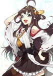  ahoge bare_shoulders blue_eyes brown_hair commentary_request detached_sleeves fang hairband headgear highres japanese_clothes kantai_collection kongou_(kantai_collection) long_hair looking_at_viewer naitou_ryuu nontraditional_miko open_mouth solo thighhighs twitter_username 