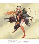  2014 america artist_name bare_legs belt black_bow black_dress blonde_hair bow character_name copyright_name dress fire flamethrower full_body grin hair_bow high_heels highres holding holding_weapon honeycomb_(pattern) honeycomb_background jeanex kantai_collection long_hair machinery military military_uniform no_panties original pacific pink_eyes red_footwear shoes short_sleeves side_slit smile solo turret uniform uss_phoenix_(cl-46) weapon 