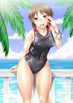  ayato balcony breasts brown_eyes brown_hair competition_swimsuit covered_nipples girls_und_panzer glasses highres medium_breasts one-piece_swimsuit sasagawa_kanon short_hair swimsuit 
