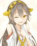  ;d black_hair hairband haruna_(kantai_collection) kantai_collection long_hair nomaru nontraditional_miko one_eye_closed open_mouth simple_background smile solo upper_body white_background yellow_eyes 