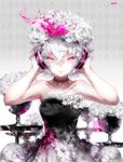 argyle argyle_background bare_arms bare_shoulders collarbone colored_eyelashes commentary_request dress expressionless flower goblet gradient gradient_background grey_background hair_between_eyes hair_flower hair_ornament hands_on_headphones headphones highres looking_at_viewer personification pink_eyes rooseputo_02 rose short_hair silver_hair solo strapless strapless_dress 