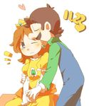  1girl blue_eyes blush brown_hair couple crown gloves hetero jewelry kiss luigi nintendo princess_daisy simple_background super_mario_bros. super_mario_land 