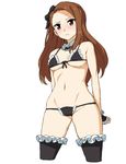  blush bra brown_hair cameltoe cropped_legs frilled_bra frilled_legwear frilled_panties frills groin hair_ribbon hisakawa_riho idolmaster idolmaster_(classic) long_hair minase_iori navel panties red_eyes ribbon solo stomach sweatdrop thighhighs underwear underwear_only 